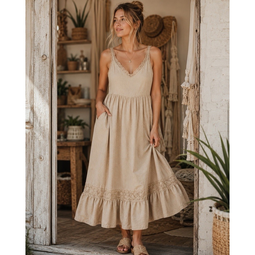 NWT Joyfolie Mia Joy Maxi Coral Dress Taupe Ecru Lace Trim Dress Boho Sz Xs